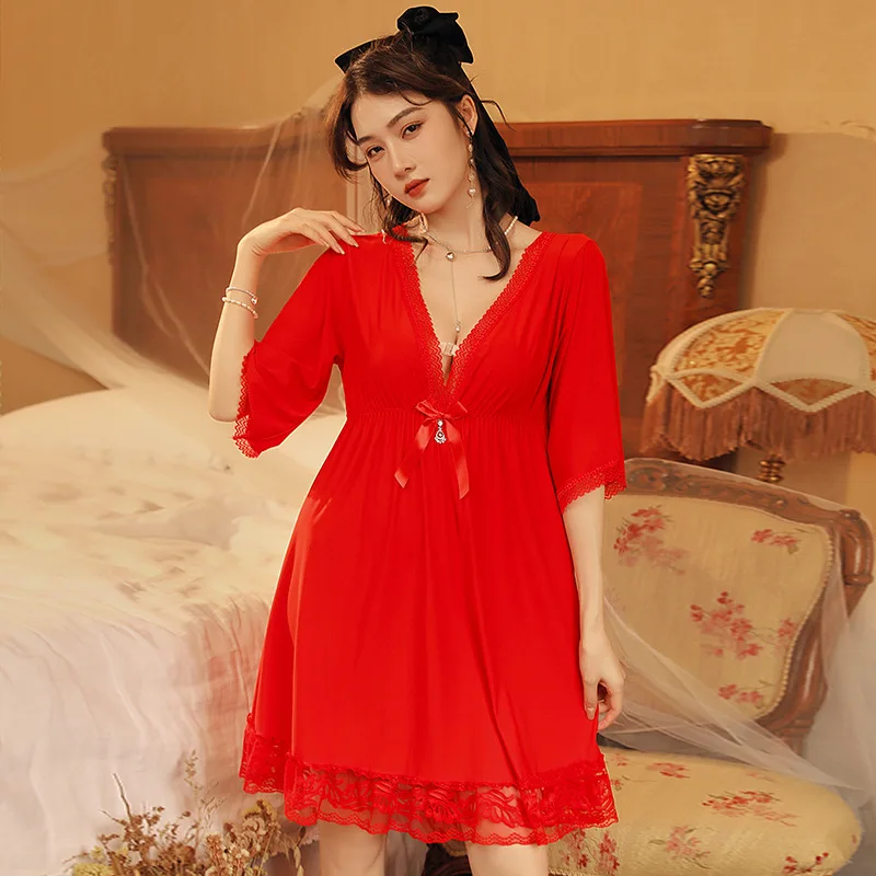 Women Nightgowns Sexy Lace Deep V Neck Sleepshirt Mesh Short Sleeve Summer Nightdress Female Nightwear Dress women nightgowns women nightdresses sleeping dress