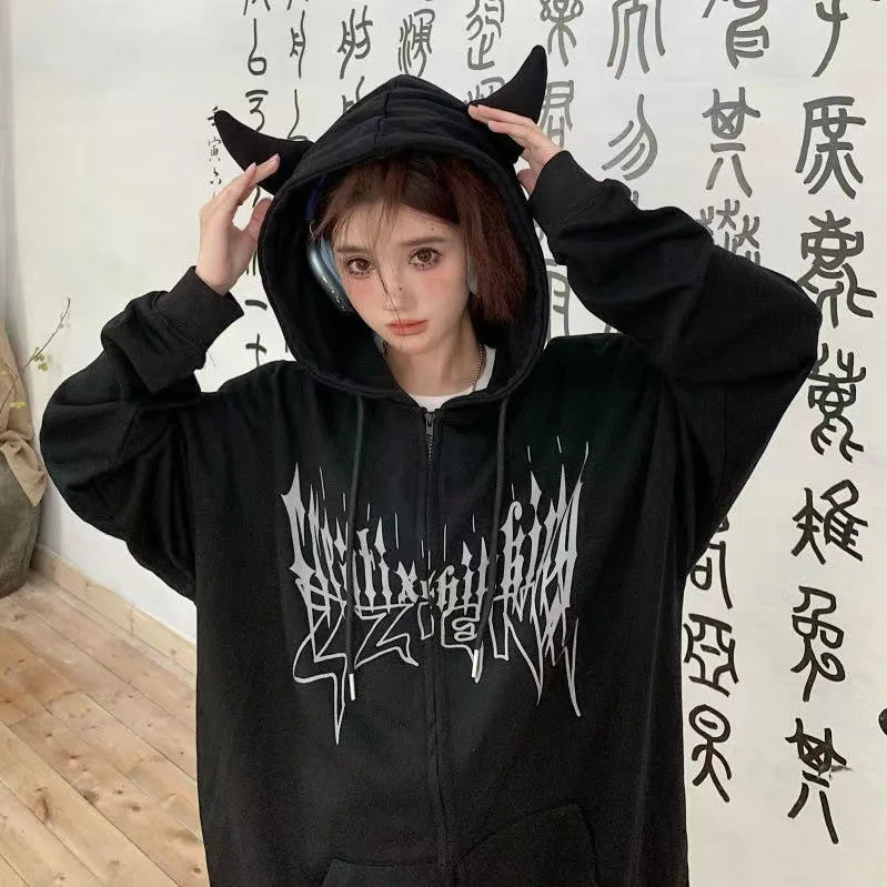Gothic Zipper Oversized Y2k Streetwear Tail Hoodies Women