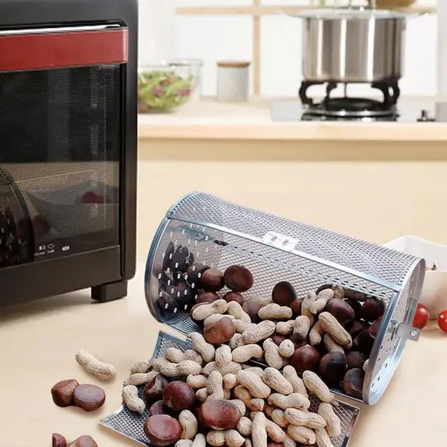 Grill Pörkölő Dob Tartós Rohanás Elleni Rozsdamentes Acél Huzal Forgó Dió Bab Kosár Étterem Kiegészítő - Image 5