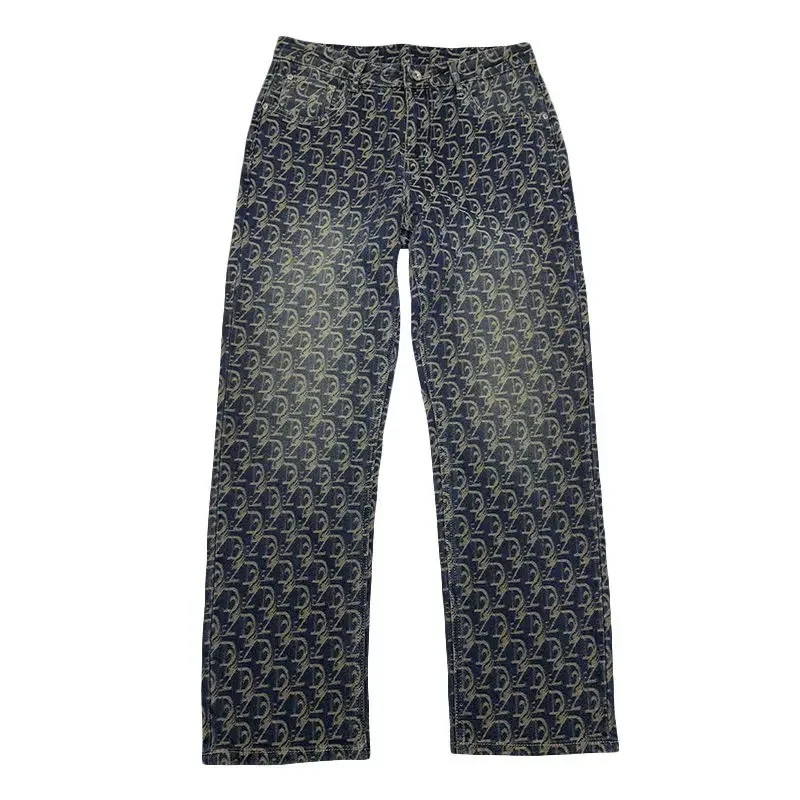 Hot Sale Men's American Street Style Jacquard Jeans Loose Straight Leg Fashionable Wide-leg Long Pants Denim