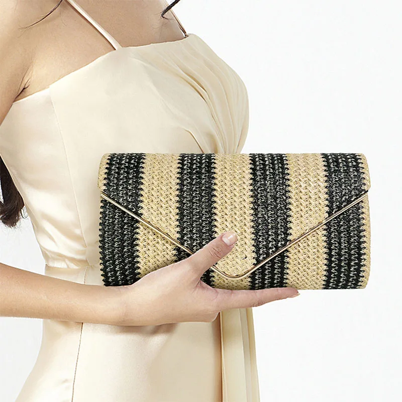 2024 New Summer Beach PP Straw Envelope Crossbody Bag Women Woven Clutches Striped Black Handbag Casual Chain Shoulder Purses