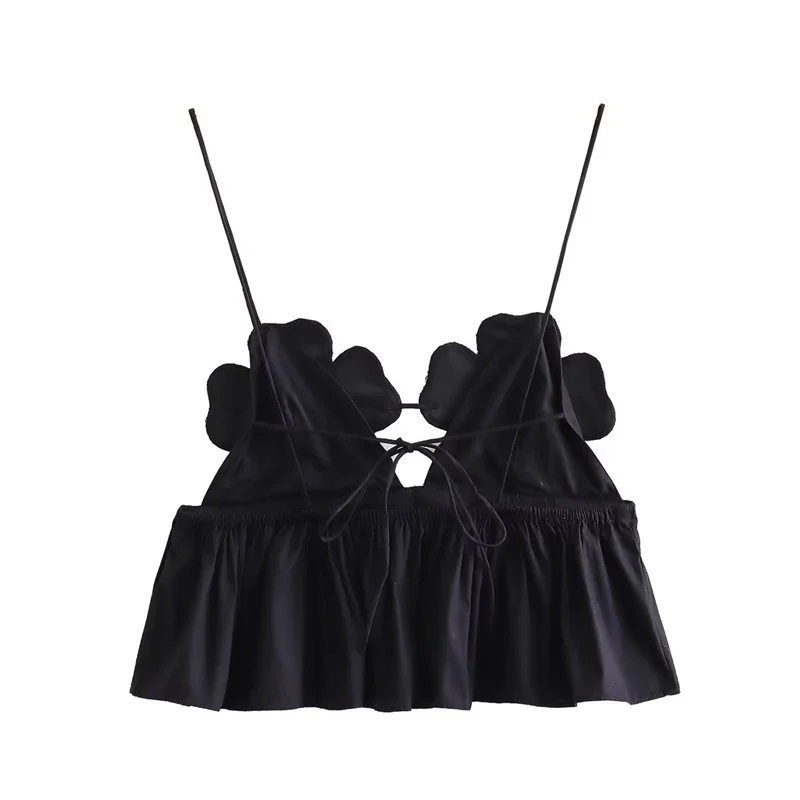 Top corto elegante con estampado floral negro a la moda para mujer, camisola Y2K con tirantes y espalda descubierta, ropa de calle elegante y sexy sin mangas para mujer