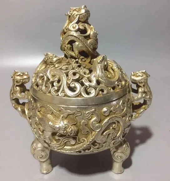 

Chinese White Copper Carving God Dragon Three Foot Censer Incense Burner Wealth Fengshui Home Decoration Animal Statue Gift