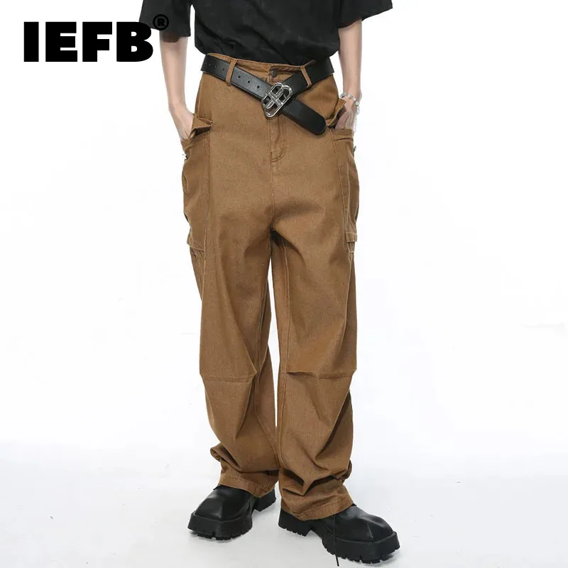 

IEFB Men's Cargo Pants Summer New High Street Pocket Straight Leg Jeans Fashion Loose Zipper Male Trousers Solid Color 9C5293