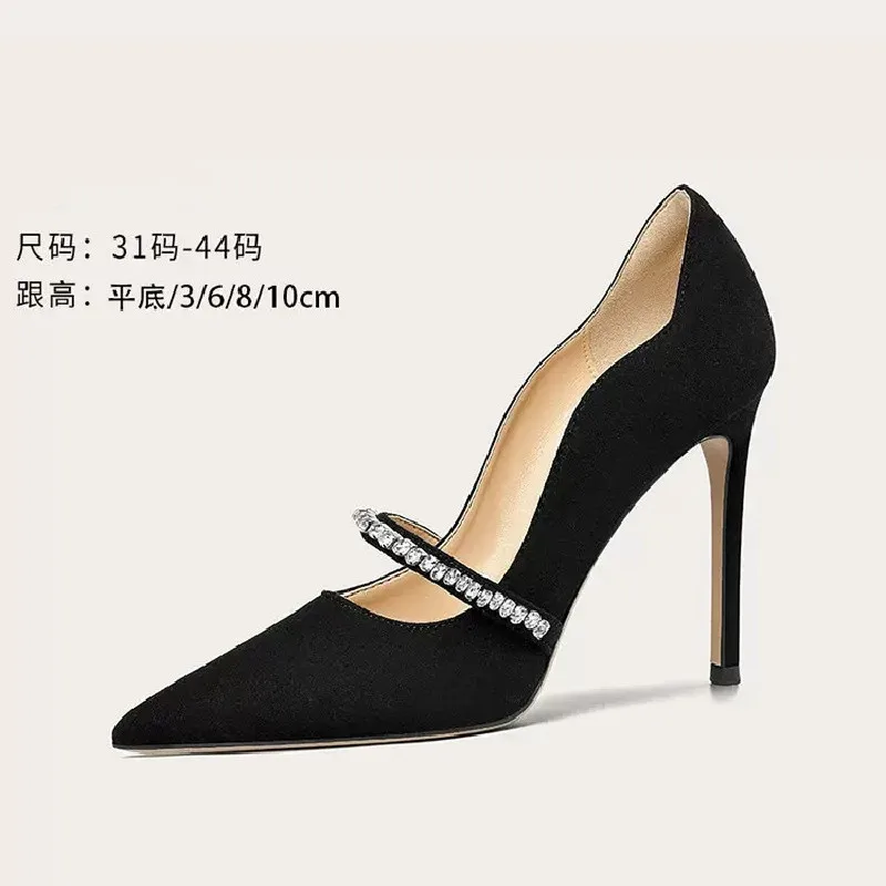 

Spring and summer new pointy fleece rhinestone simple sexy single shoes thin high-heeled party dress large small women's shoes