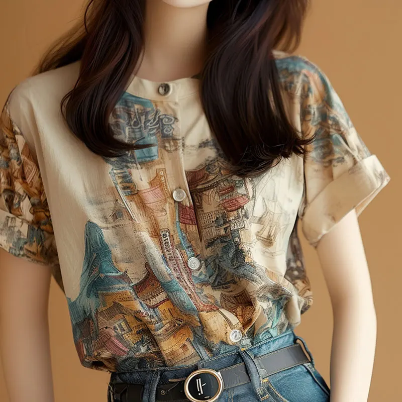 

Шифоновая женская рубашка, летние винтажные блузки с принтом, свободные женские топы с коротким рукавом, модная одежда с круглым вырезом, корейская мода 2024