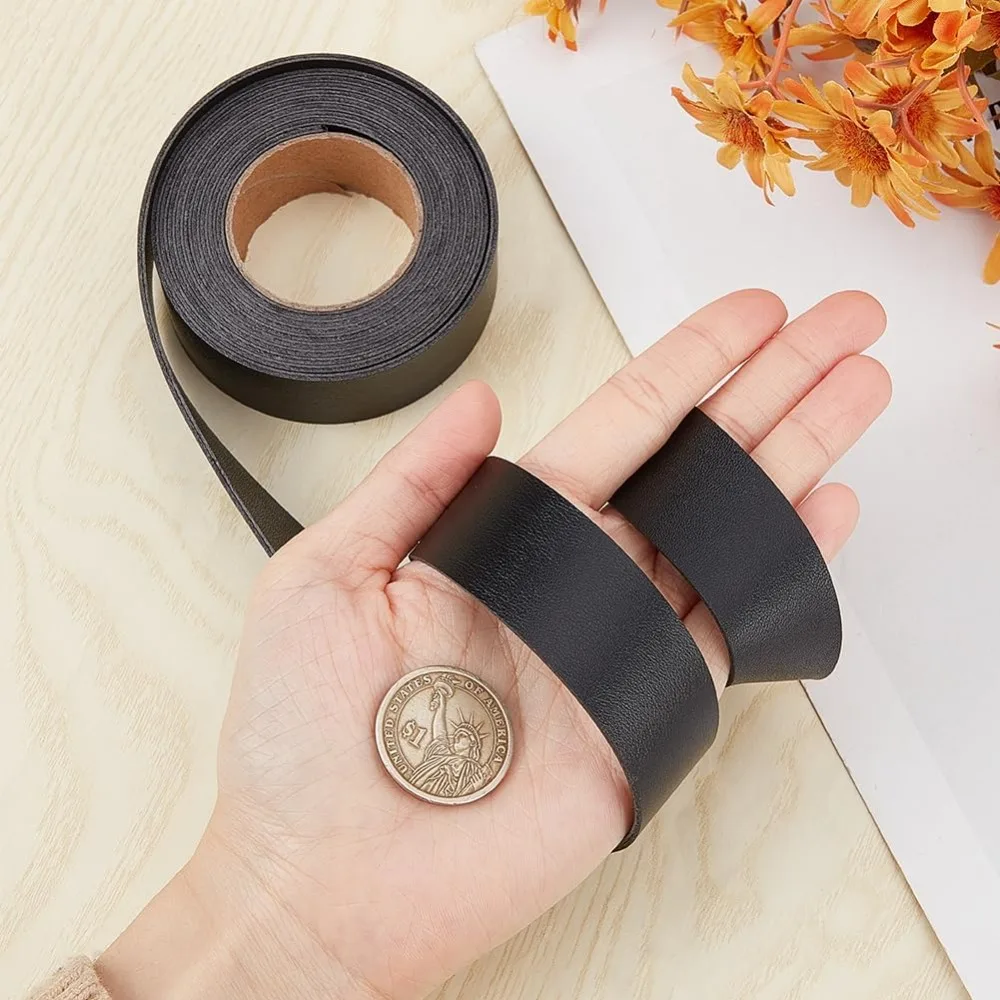 2M PVC 양면 인조 가죽 리본, 의류 가방 제작용, 검정색, 25mm, 2.19야드(2m)/롤