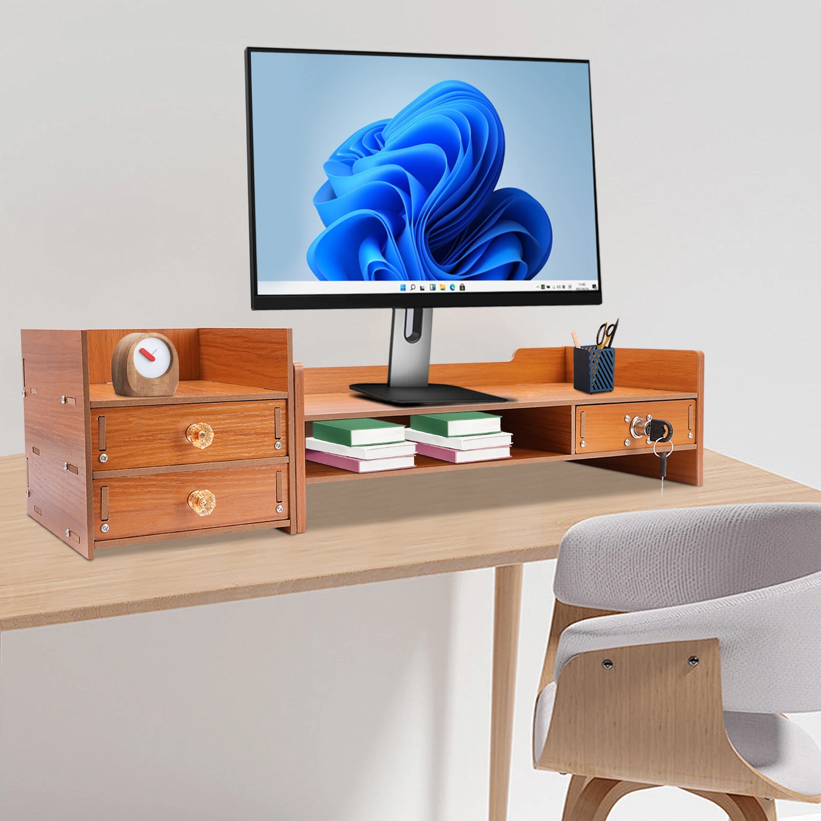 Wood Monitor Stand Riser 2 Tiers Exquisite Monitor Stand w/ Drawer Laptop Computer Monitor Riser for PC Screen Ergonomic Height 3