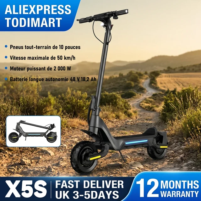 Vente flash - Trottinette électrique TODIMART X5S 2000W à double moteur, 48V 18.2Ah, vitesse maximale de 50 km/h, autonomie de 70 km, pliable, roues de 10 pouces, tout-terrain, pour adultes 1