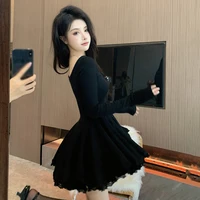Korean Dress Short French Style Long Sleeve Collarbone Exposed Square Collar - Image 5