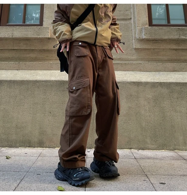 Vintage Brown Pocket Cargo Pants American High Street Loose Straight Leg  Pants New Autumn Casual Hip