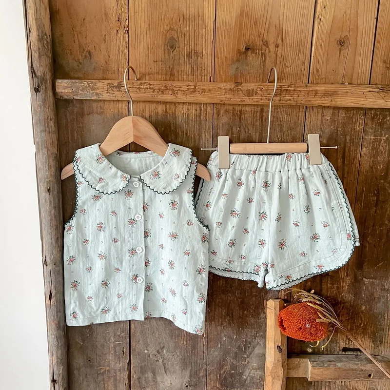 New Summer Clothes for Baby Girl Sets Green Floral Peter Pan Collar Sleeveless Vest+PP Bread Shorts Kids Clothing E2235 baby's complete set of clothing