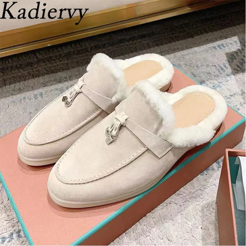 

Winter Wool Warm Slippers Women Metal Lock Flat Shoes Women Slides Kid Suede Walk Shoes Casual Half Slippers Men Size 35-45