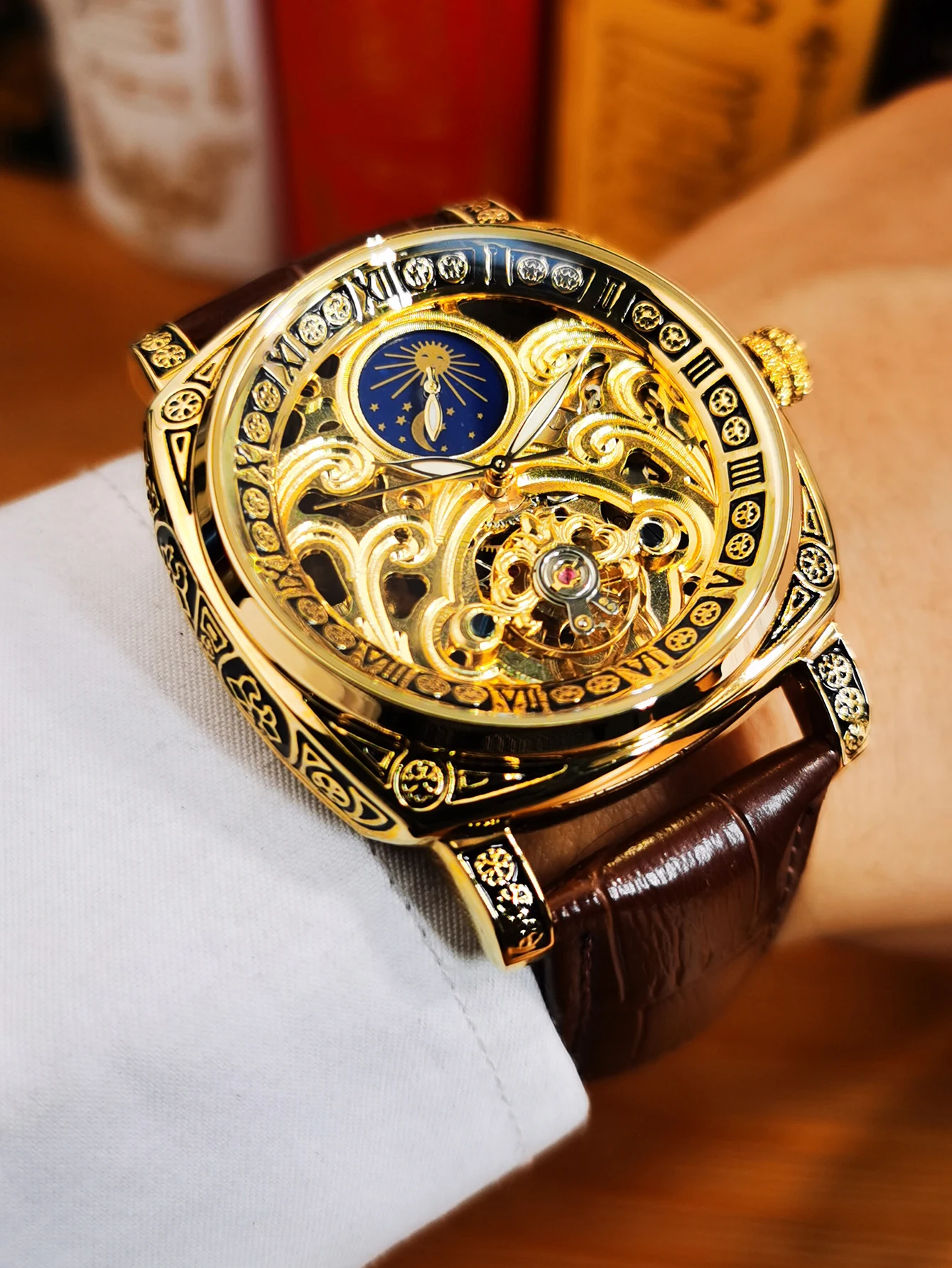 Vintage Square Tourbillon Mechanical Watches Luminous Hands Leather Strap Business Skeleton Automatic Mens Watch_voghion.com