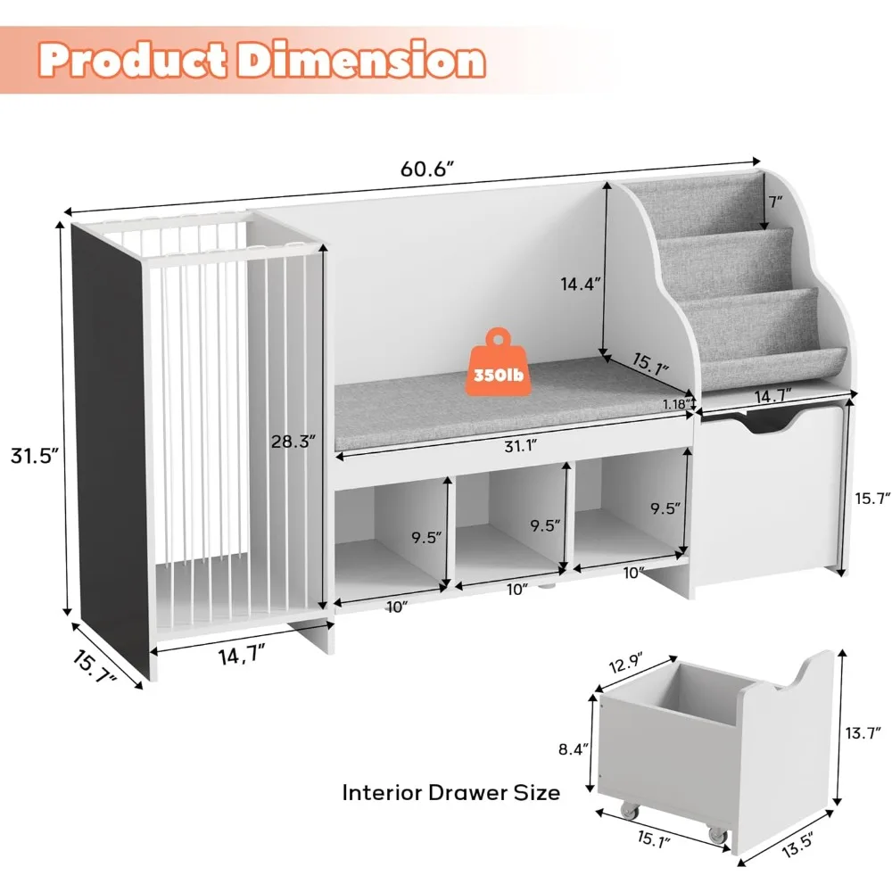 Kids Reading Nook with Bench, Toy Storage Organizer, Bookshelf with Seat Cushion, 3 Cubbies & Wheels for Playroom