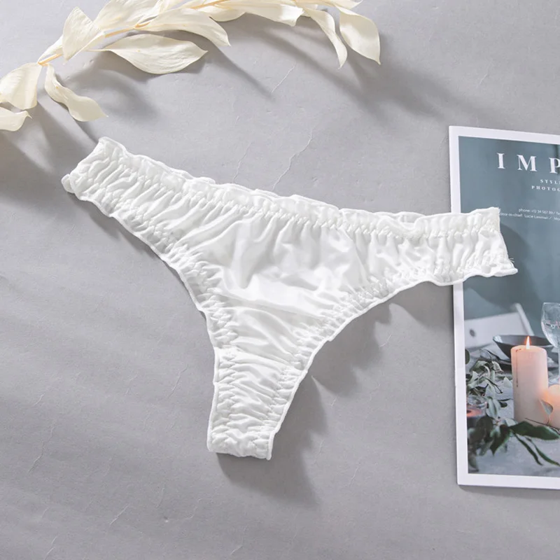 Luxury French Ruffle Satin Women'S Thong Sexy Underwear Ice Silk Cotton Crotch Panties Breathable Seamless Briefs Tanga Lingerie