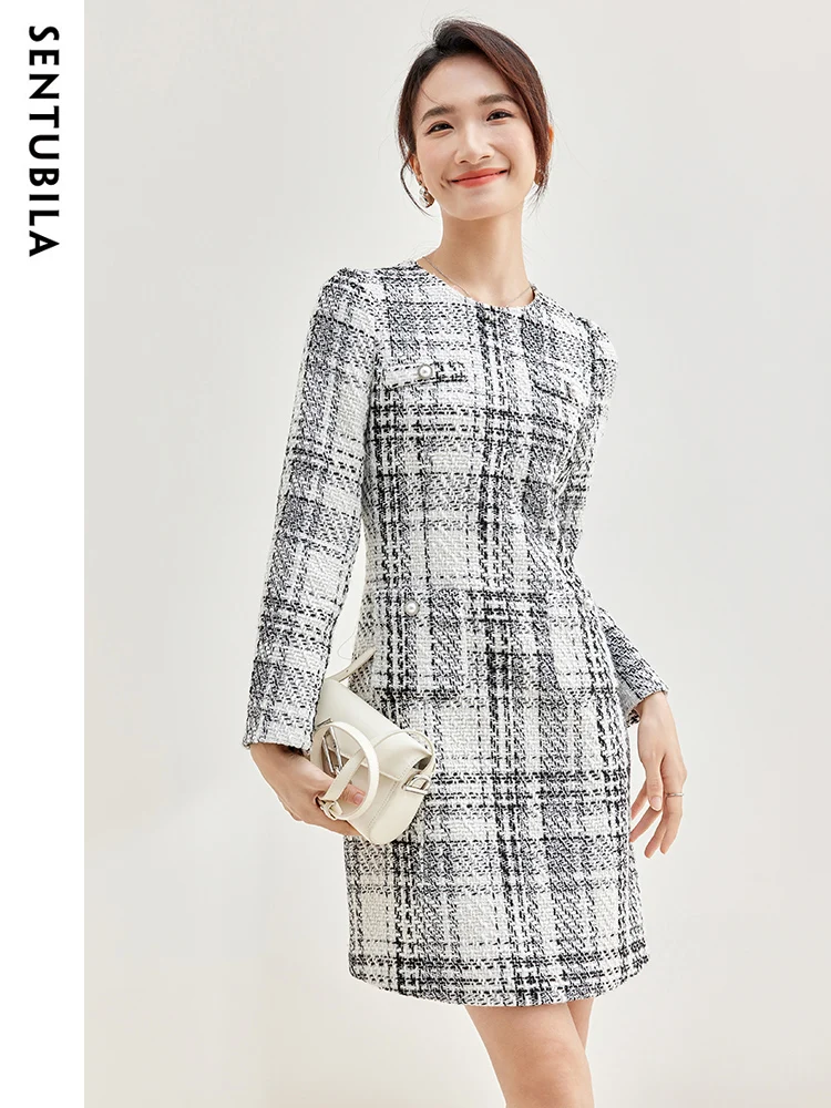 

SENTUBILA Plaid Dress Women Spring Autumn New Elegant Retro Office Ladies Midi Temperament Contrast Straight Dresses 133L50797