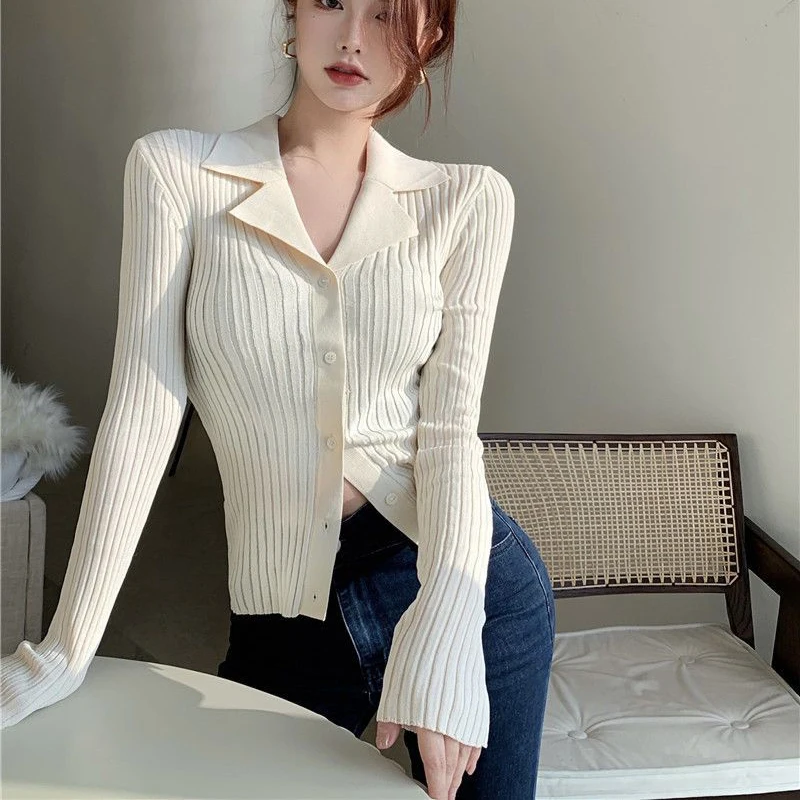 Rimocy 여성용 블랙 니트 V넥 가디건, 한국 패션, 긴팔 스웨터, 싱글 브레스트 슬림핏 점퍼