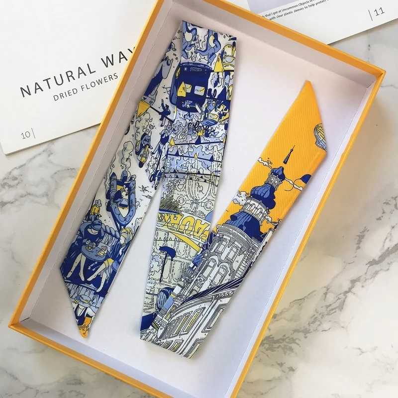 FranceSpring Versatile Fashion Eiffel Tower Ladies Leisure Decoration Twill Long Strip Streamer Silk Scarf Tie Bind a Bag Ribbon 4