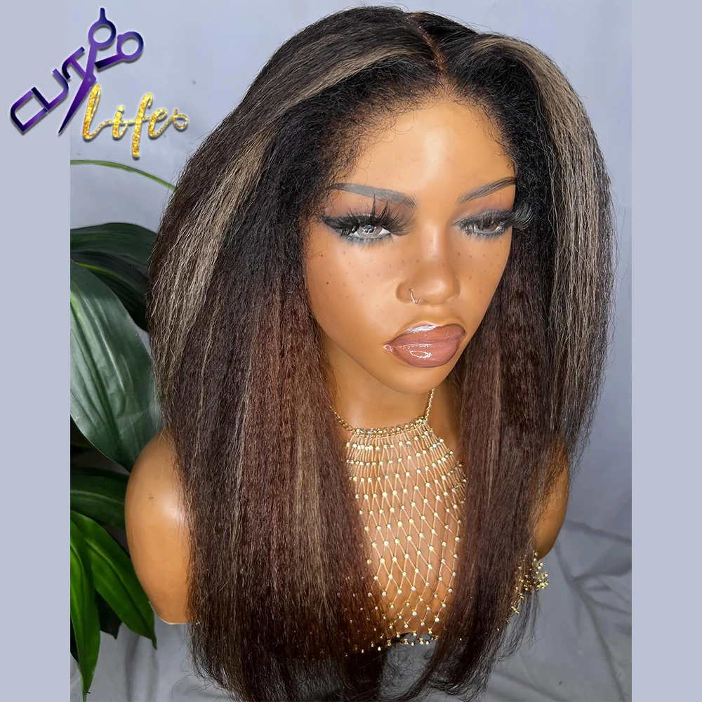 Kinky Straight 360 Full Lace Wig Wear to Go Highight Blonde Human Hair 5x7 4x4 Glueless Lace Closure Wigs With 4c Edge 250%
