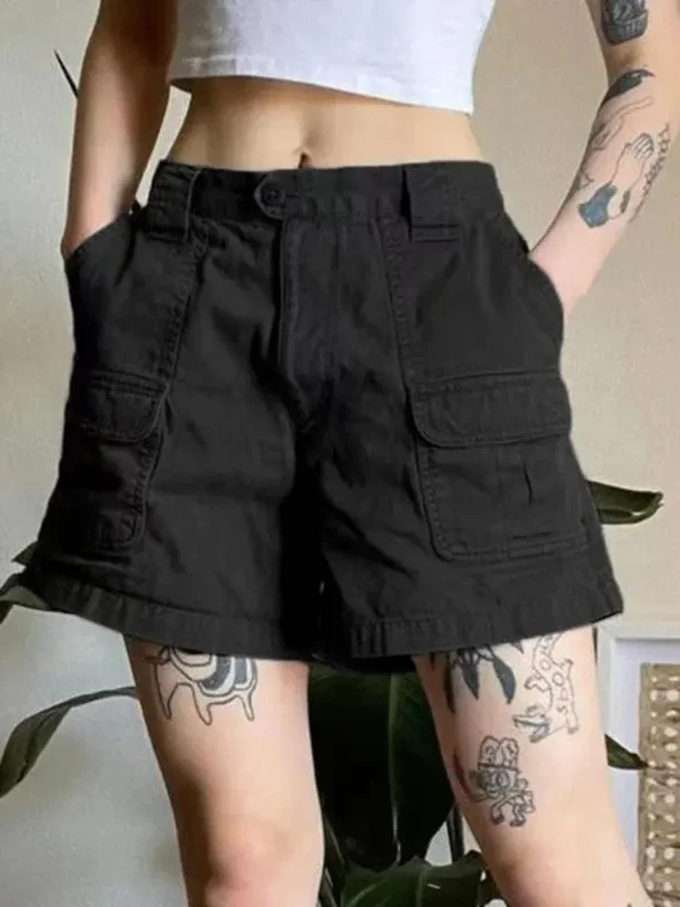 HOUZHOU Y2k Vintage Streetwear Cargo Denim Shorts Women American Retro Harajuku Solid Loose Jeans Casual Pocket 2024 Summer Chic