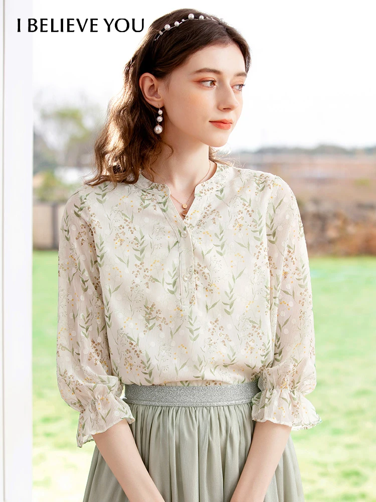 I BELIEVE YOU Summer Floral Chiffon Shirt for Women 2022 New French V-neck Half Sleeve Elegant Blouses Female Clothes 2221204316 i believe you white shirt french peter pan collar puff short sleeve women s shirts