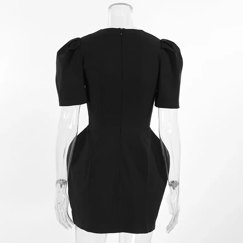 Schickes schwarzes Taillenbetontes Minikleid für Damen – Elegantes A-Linien-Kleid mit eckigem Ausschnitt und Puffärmeln für Abendpartys 2026 – Detail 2