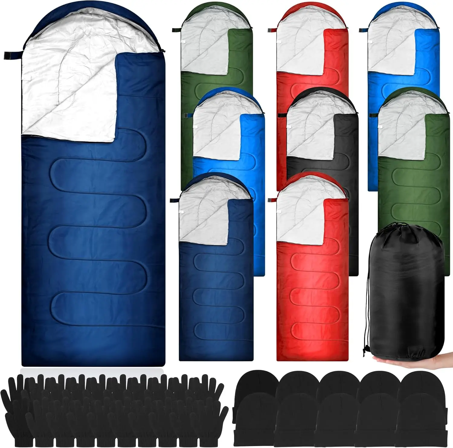 10 Set Sleeping Bags for Adult with Winter Beanies Gloves Set, Cotton Liner Camping Sleeping Bag Waterproof Warm Lightwe