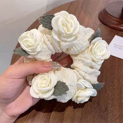 Chic French Floral Oversized Hair Scrunchies - Elegant High Elastic Hair Accessory (Beige - 13CM)
