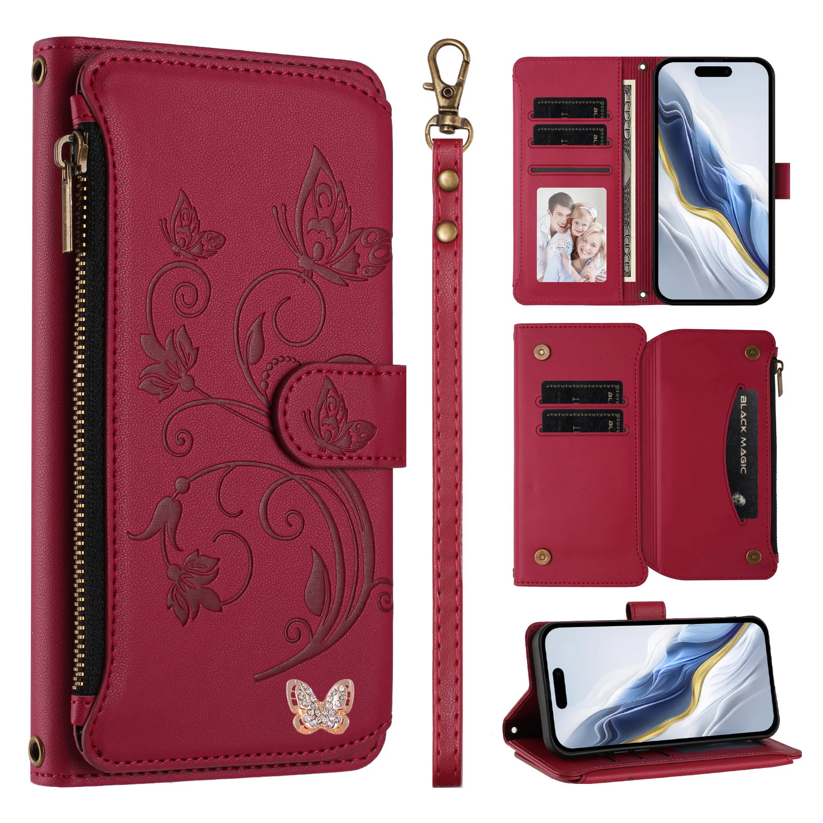 Wrist Zipper Wallet Case with Wireless Charging Leather Flip Cover and 5 Card Slots