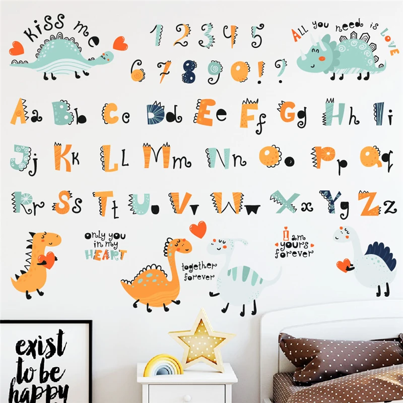 

Dinosaurs Learning Numbers English Letters Wall Stickers For Kids Room Decoration Alphabet Mural Art Home Decals Nursery Poster