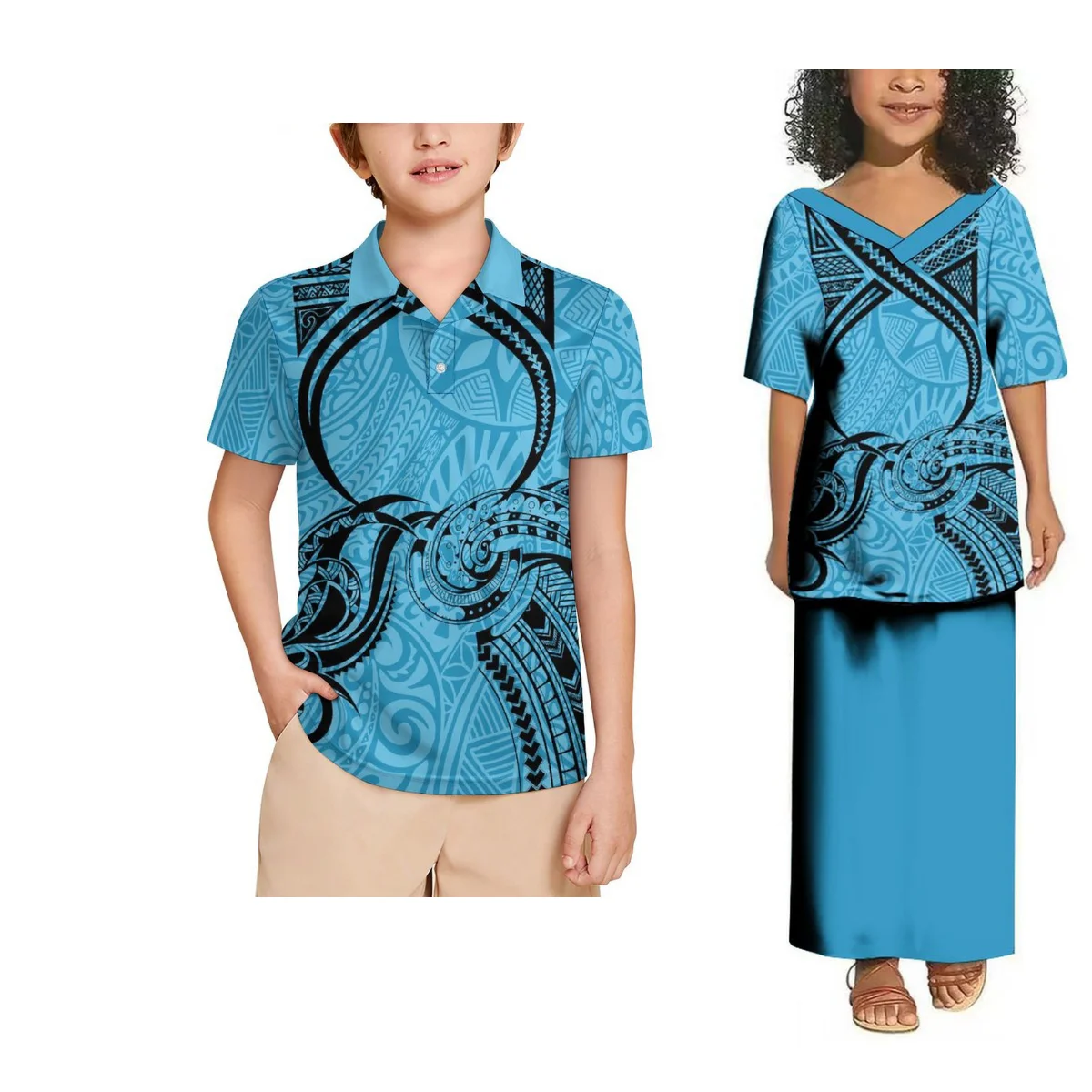 

Polynesian Children Suit Matching Samoan Tribal Girls Two-Piece Dress Puletasi Hawaii Boys Polo Shirt Casual Loose Fit