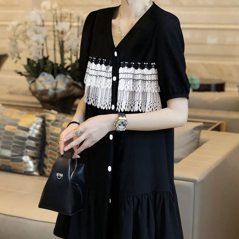 

2023 Casual V-Neck Lace Patchwork Mini Dress Summer Short Sleeve Fashion Single-breasted Women's Clothing Korean A-Line Dresses