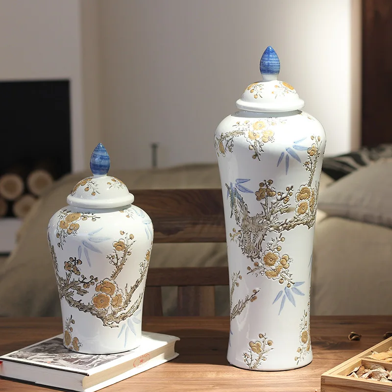 

Embossed Plum Blossom Ceramic Storage Jar Enamel Large-capacity Tea Caddy Porcelain Sealed Jar Flower Arrangement Vase Crafts