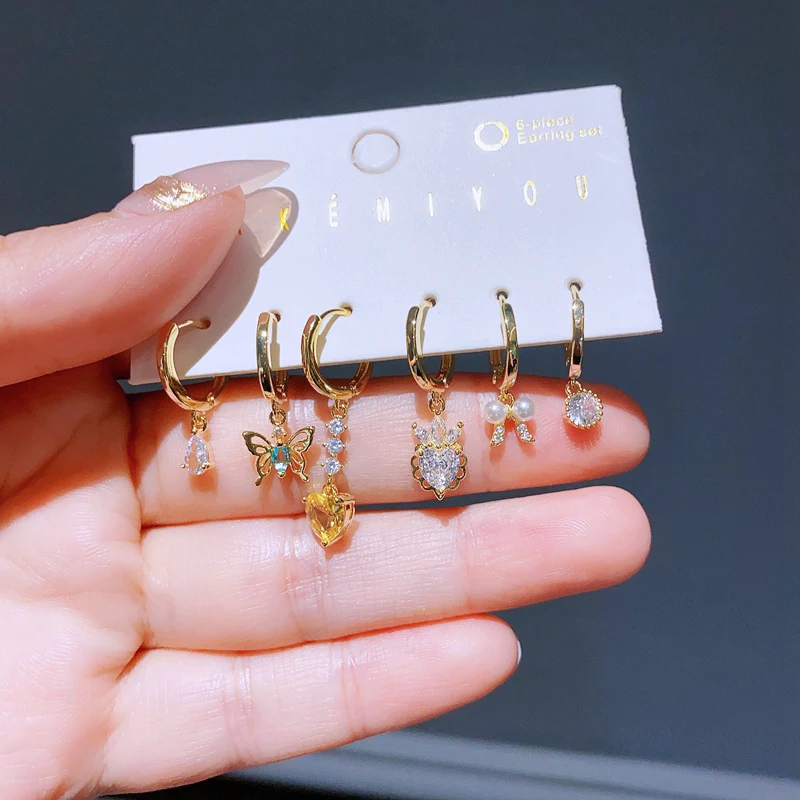 Luxury Design Colorful Crystal Fairy Heart Huggie Hoop Earrings Set Women Party Gift Jewelry 5