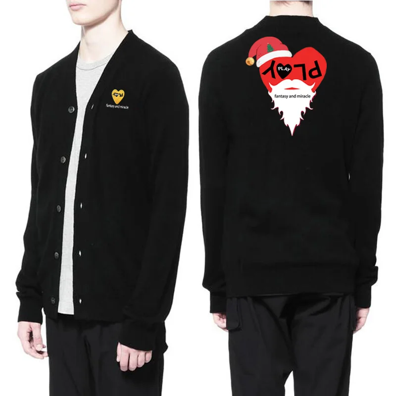 

Men Spring Autumn V-Neck Sweater Heart Embroidery Back Christmas Cartoon Printing Single Breasted Long Sleeve Cardigan