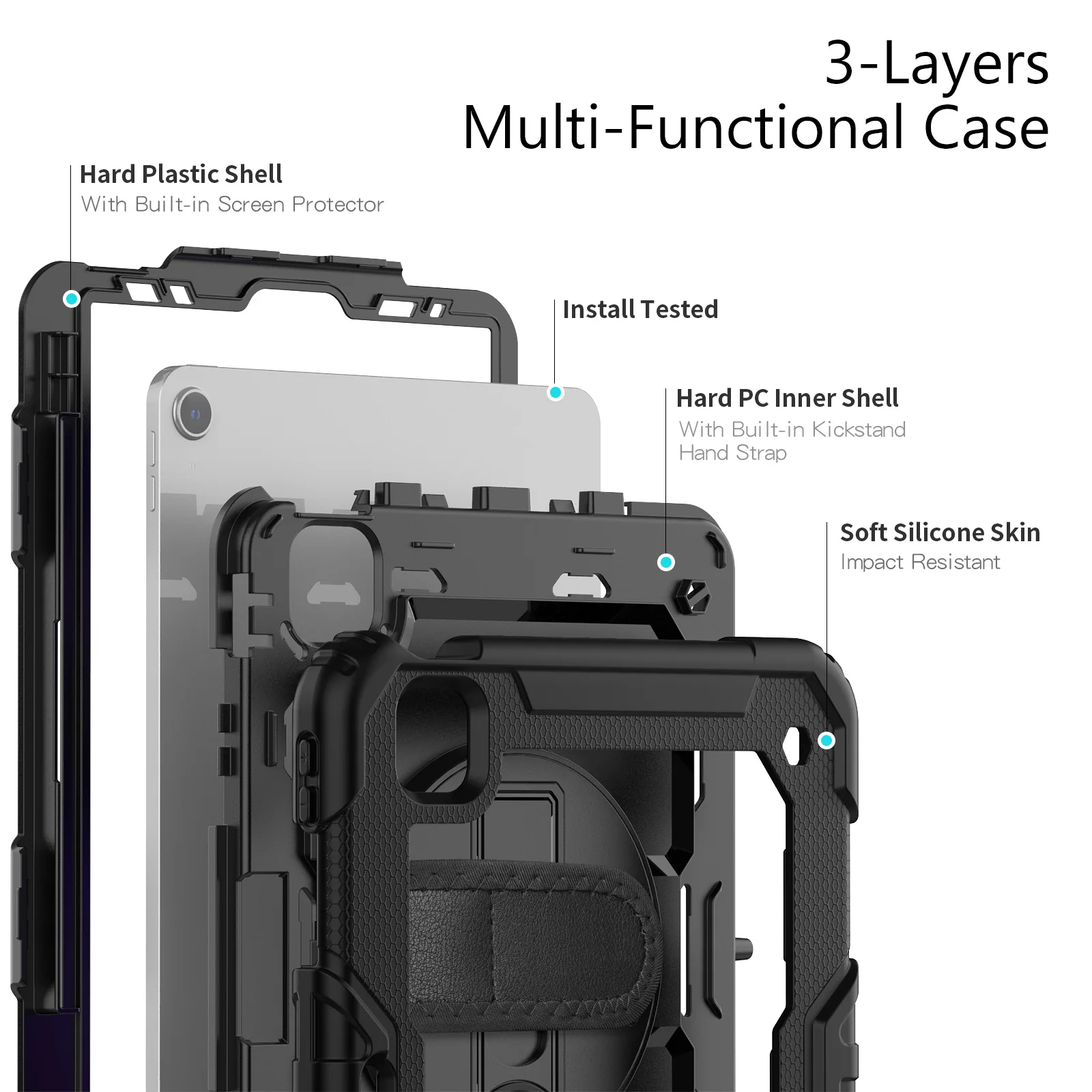 Shockproof Tablet Case with Screen Protector and 360° Rotating Hand Strap, Featuring Pencil Holder