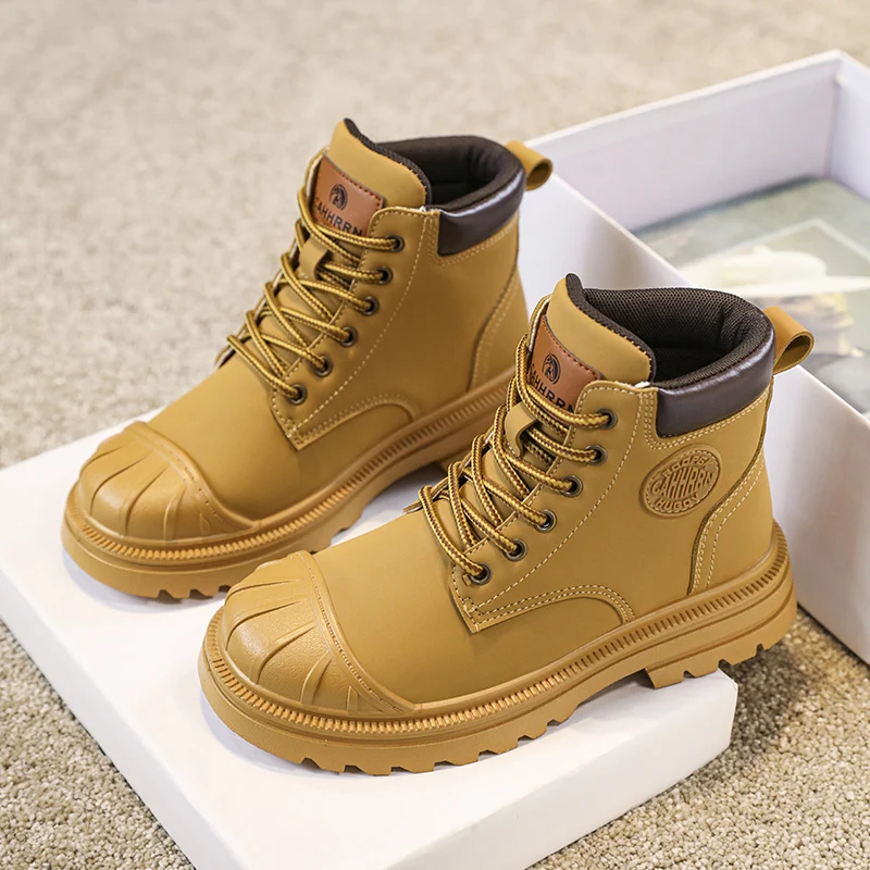 Girls Boys Ankle Leather Boots with Zipper Lace Up Outdoor Hiking Waterproof Anti-Slip Durable Combat Bootie for Kids 6