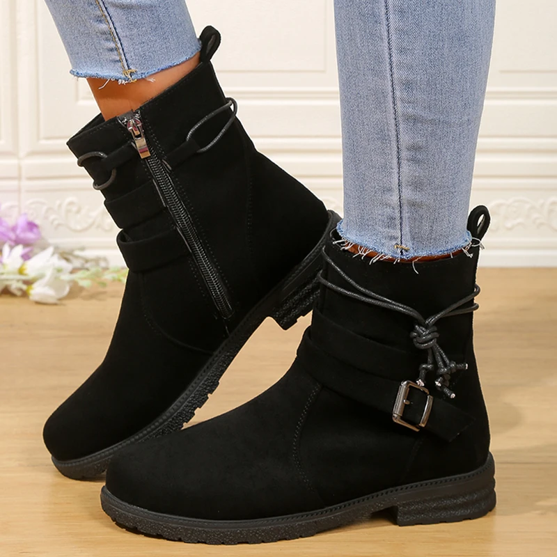 Fashion Women's Boots Suede and Calf Fashion Boots Fall Low Heel Foot Cover British Wind Platform Boots Large Size Women's Shoes