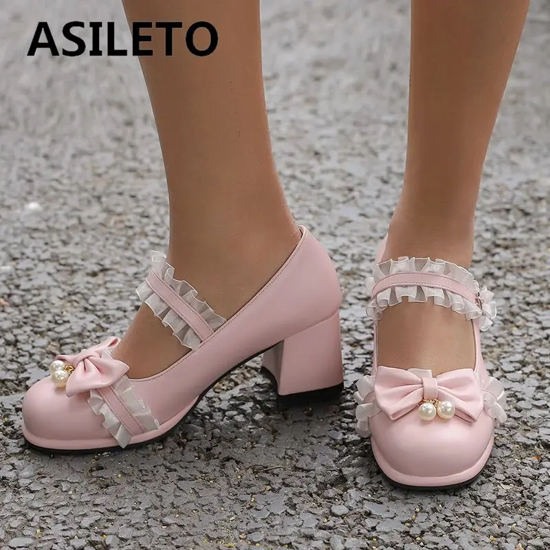 

ASILETO Lolita Style Girls Pumps Round Toe Chunky Heels Buckle Strap Bowknot Sweet Daily Women Shoes Shallow Plus Size 42 43