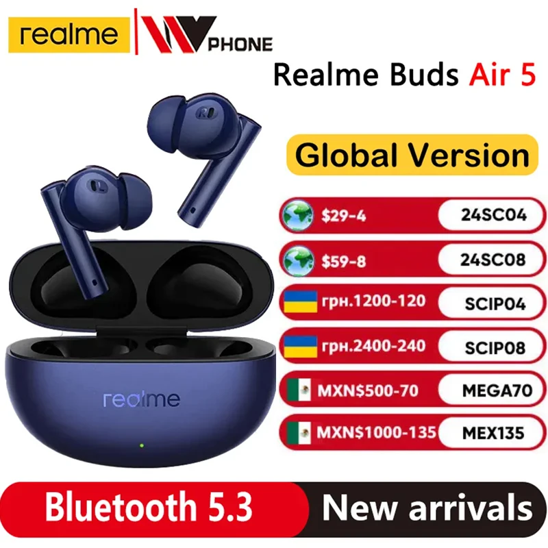 Global Version realme Buds Air 5 TWS Earphone 50dB Active Noise Cancellation 38Hour Battery Life IPX5 Bluetooth 5.3