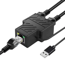 Dual - Port Ethernet Splitter with USB Power - Simultaneous Networking (100Mbps 1 to 2)