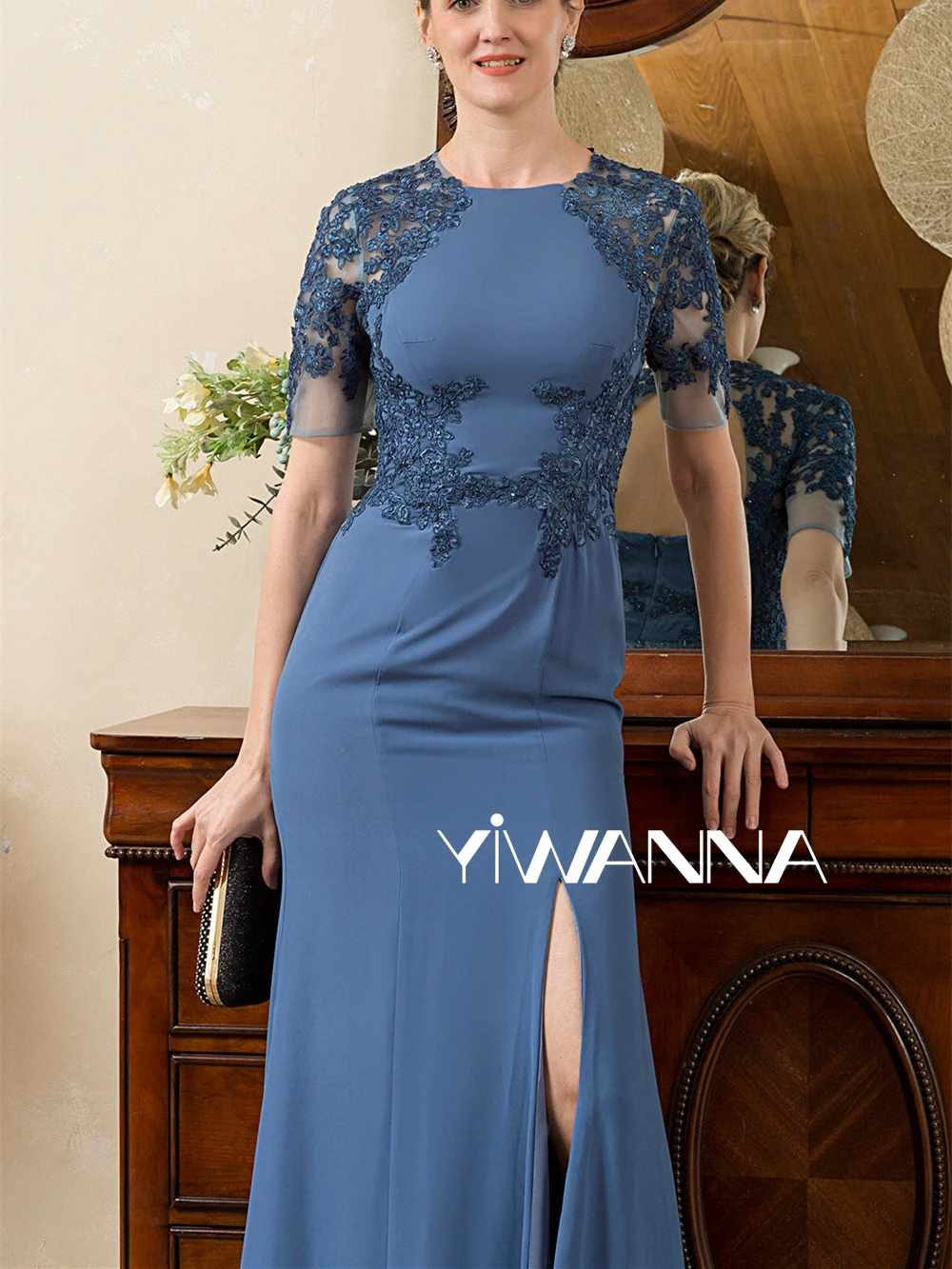 Mermaid Chiffon Wedding Guest Dresses Plus Party Gown For Women Short Sleeve Mother Of The Bride/Groom Dress Lace Scoop Neckline