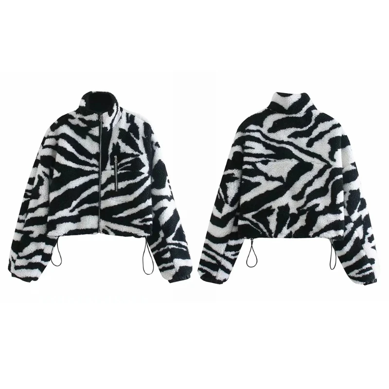 

Women Faux Fur Winter Long Sleeve for Jacket Harajuku Striped Print Drawstring Hem Cropped Coat Up Loose Outwe