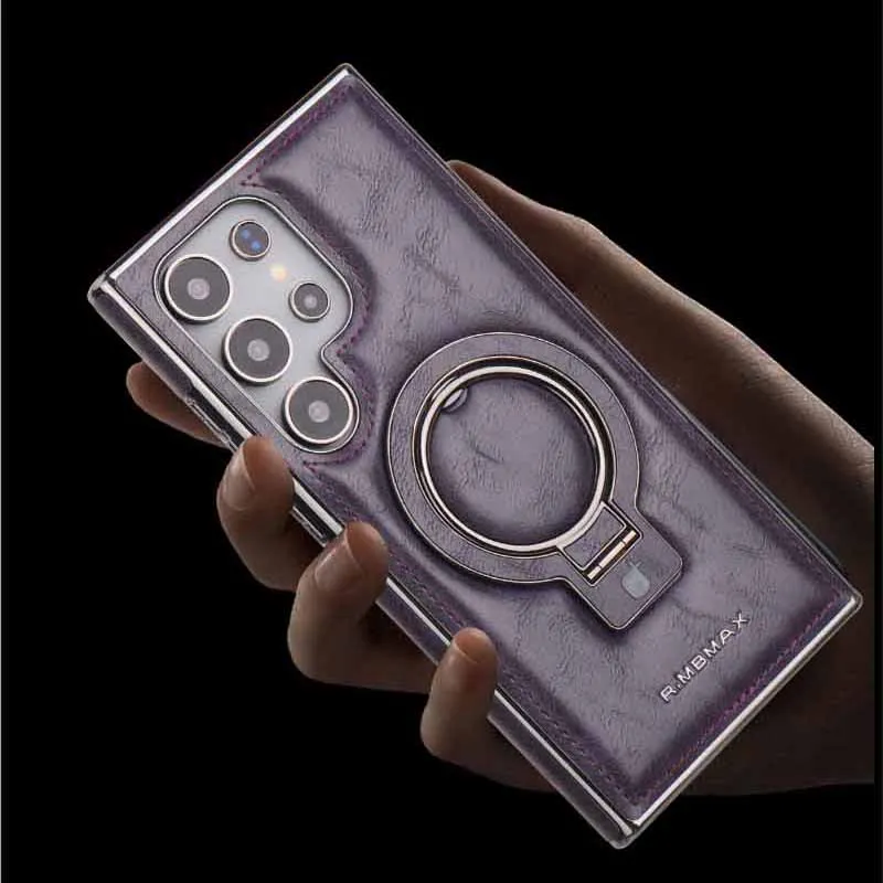 Magnetic Metal Car Bracket Ring Leather Phone Case - Solid Color Matte, Shockproof Cover
