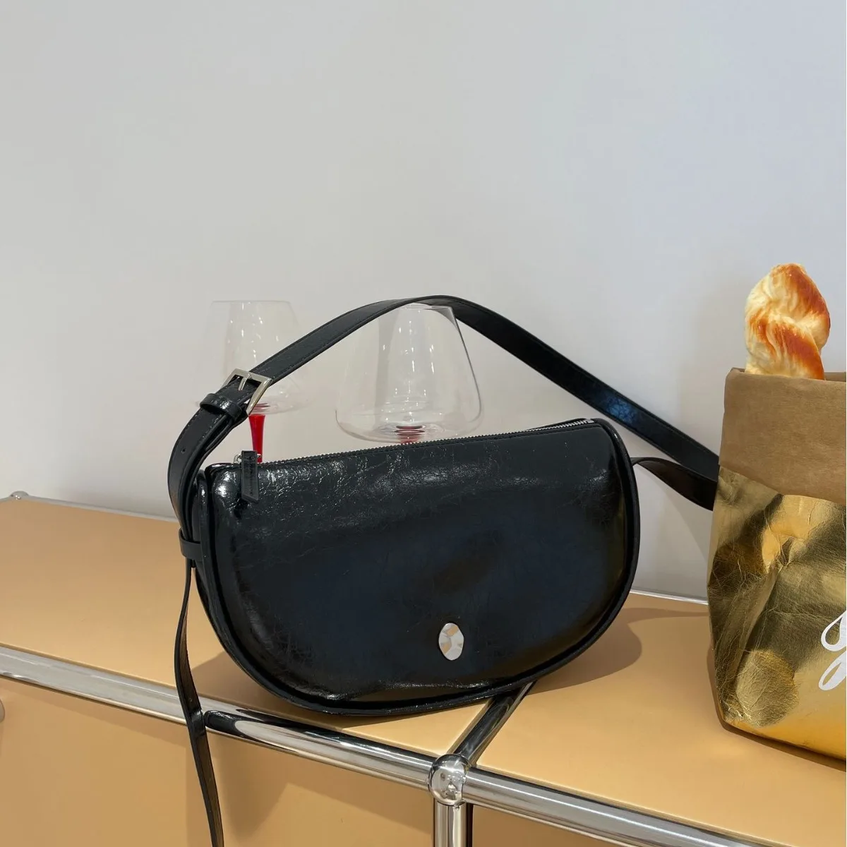 Korean Style Minimalist Waxed Leather Shoulder Bag Crossbody Bag for Women