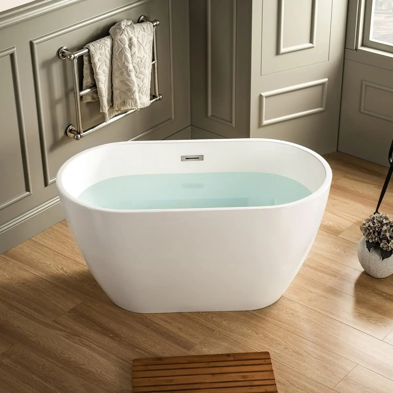 48 Inch Acrylic Freestanding Bathtub Contemporary Soaking Tub White Acrylic Brushed Nickel Drain Overflow Anti Slip Design 6