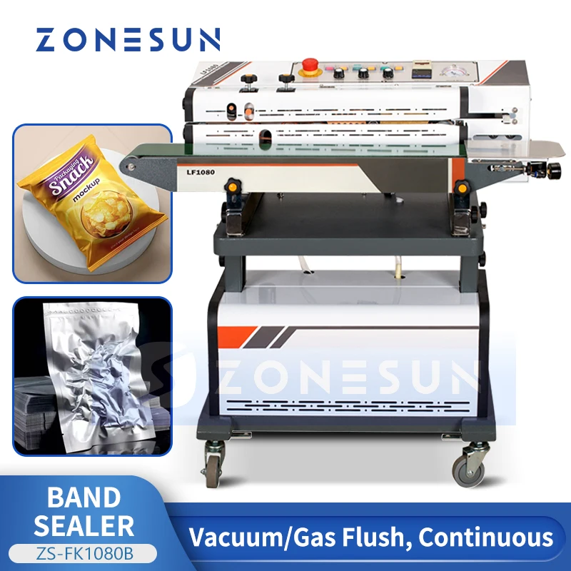 

ZONESUN Horizontal Continuous Bag Pouch Band Sealer Vacuum Sealing Machine Gas Flush Dry Ink Coding ZS-FK1080B