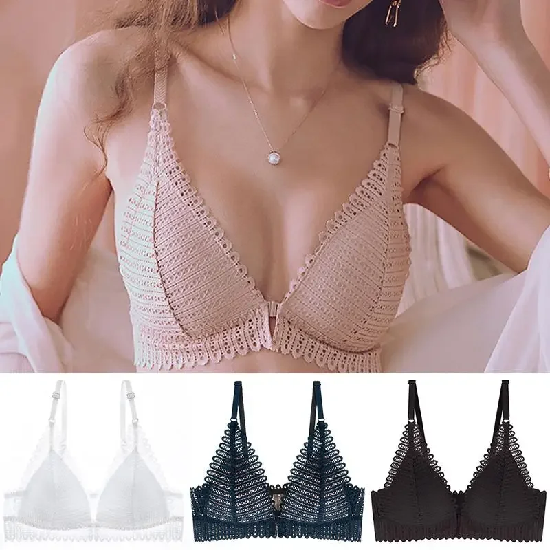 

Women Underwear Lace Front Buckle Bra Push-up Strappy Brassie Crop Tops Breatst-feeding Nursing Bra