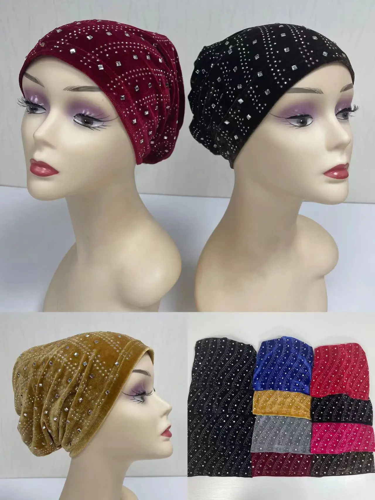 

Newest Women Velvet Muslim Rhinestones Hat Muslim Inner Caps Islamic Indian Turban Cancer Headwear Hats With Rhinestones 12pcs